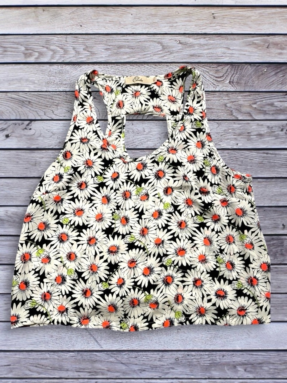 Elodie Floral Daisy Racerback Crop Tank Top - Black/White/Orange - S